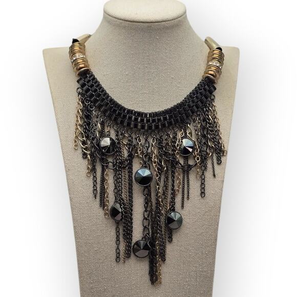 Black Faceted Bead Chain Fringe Statement Necklace - Picture 1 of 6